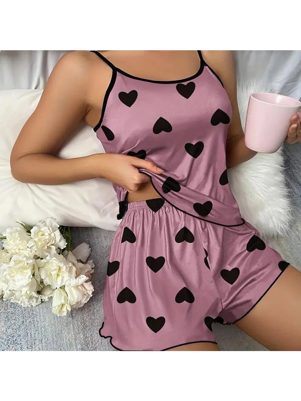 Women Pajama Set Sleeveless T Shirt Shorts Heart Print Summer