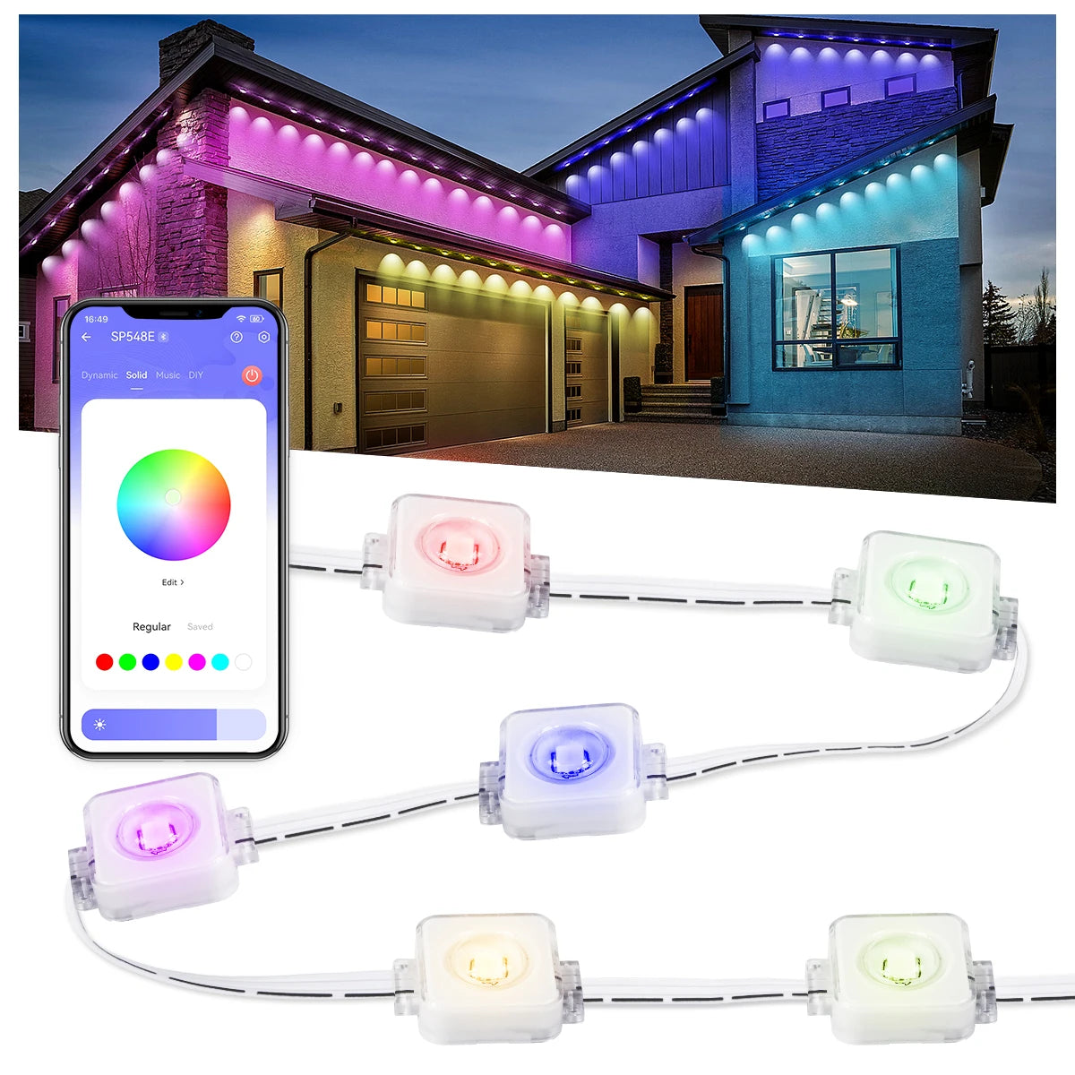Smart RGB Northern Lights Outdoor Eaves String Lights 100ft 60 LEDs IP68 Waterproof for Christmas Parties and Holidays