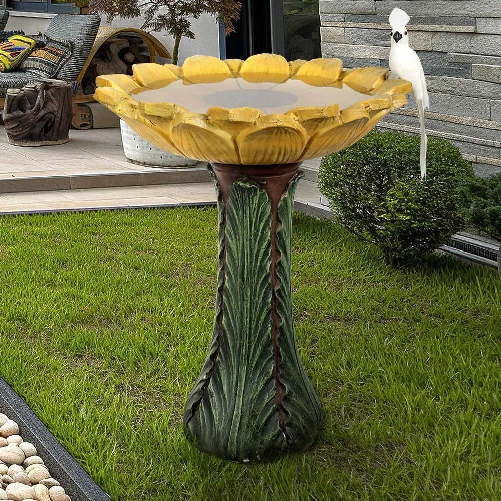 Outdoor Concrete Bird Bath Sunflower Bowl on Leaf Pedestal