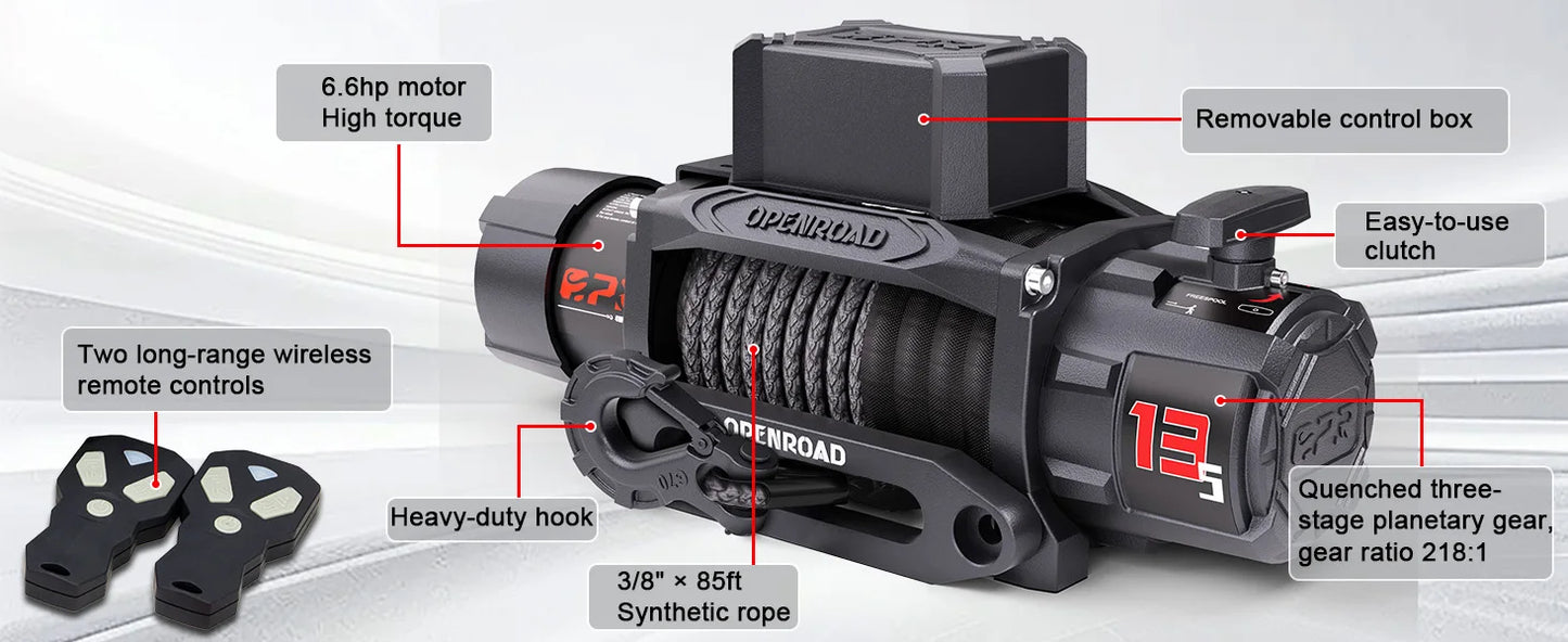 OPENROAD 12v 13500lbs Recovery Winch with Synthetic Rope 2 Wireless Remotes IP68 Waterproof Electric Winch for Jeep 4x4 Off Road