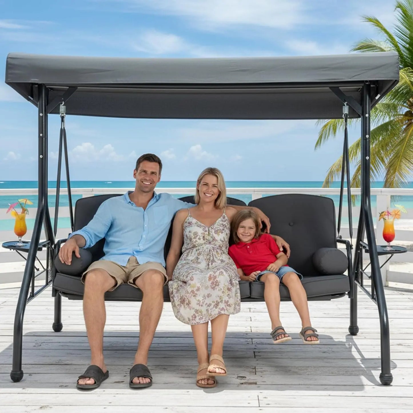XIAOLANG Patio Swing With Canopy And Cup Holders Weather Resistant