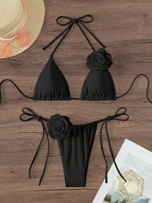 Sexy 3D Flowers Halter Strappy Bikini Set Women Swimwear