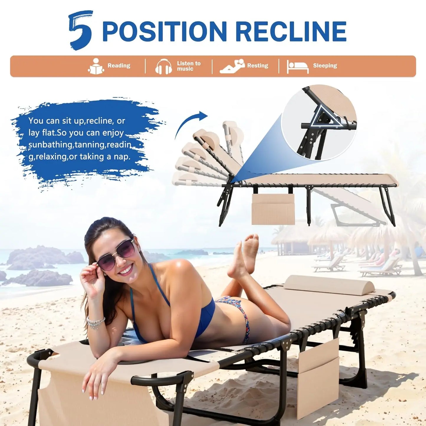 Beach Lounge Chair Outdoor Heavy Duty Folding Sun Tanning Chair