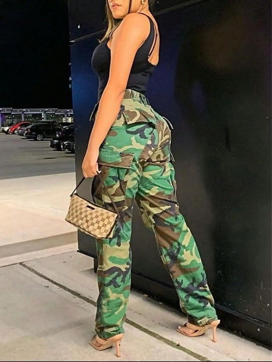 Ladies Camouflage Jogger Pants Casual Elastic Waist Army Green Y2K Streetwear