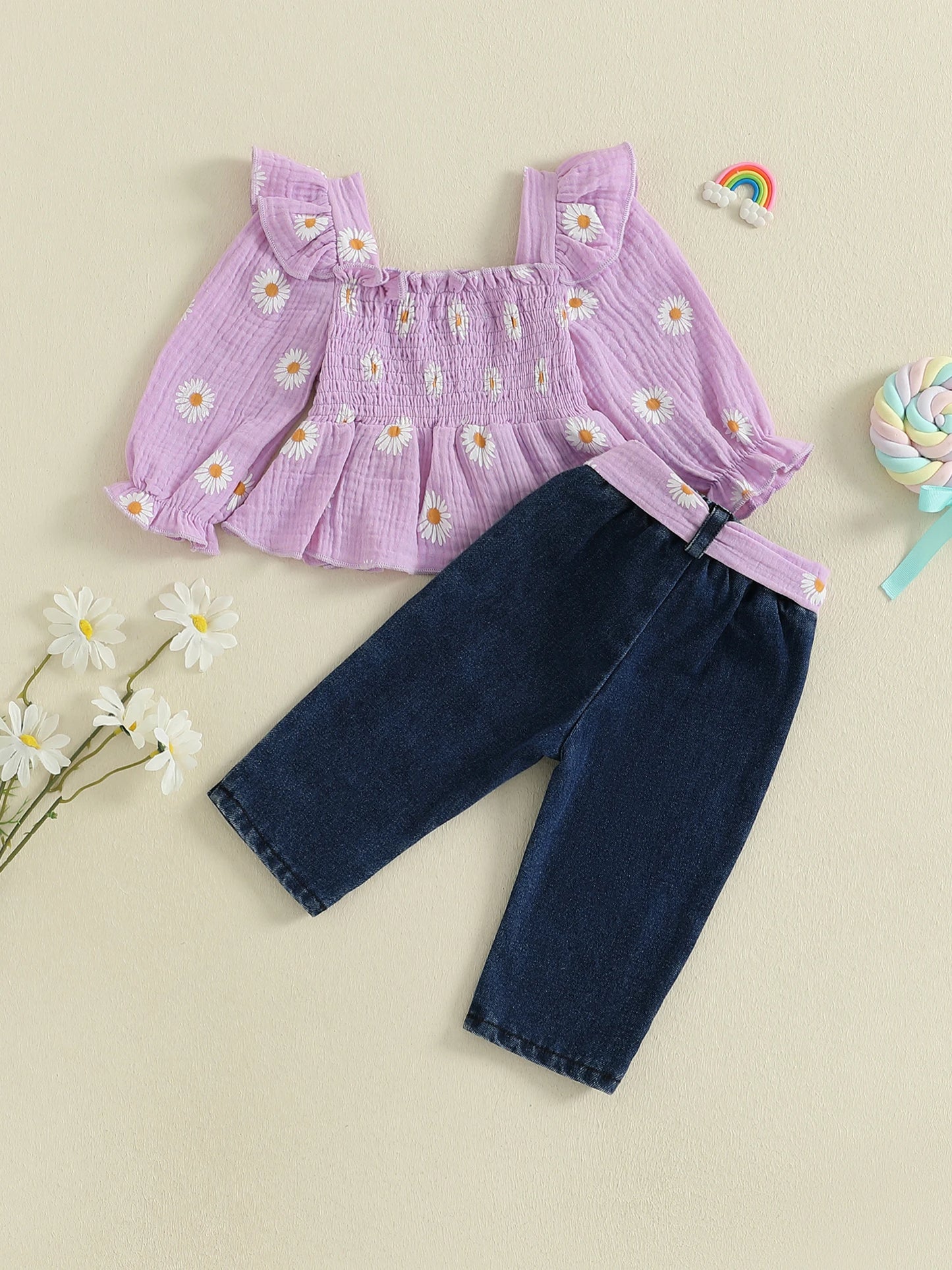 Girls Floral Print 2 Piece Belted Denim Pants Set Outfit