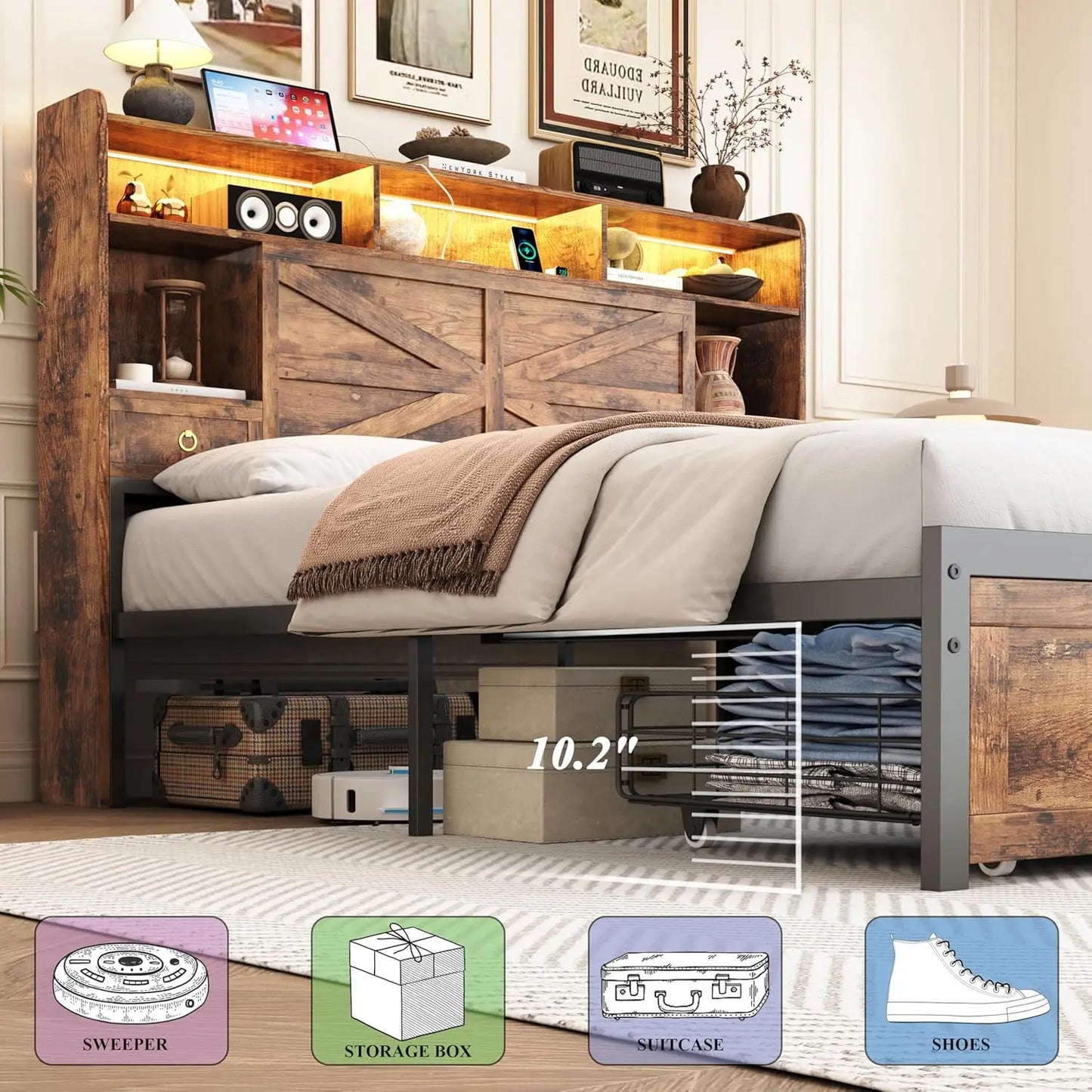 Farmhouse Metal Bed Frame With LED Lights And Charging Station