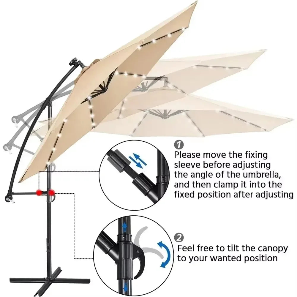 Solar Offset Cantilever Umbrella With LED Lights And Crank Base