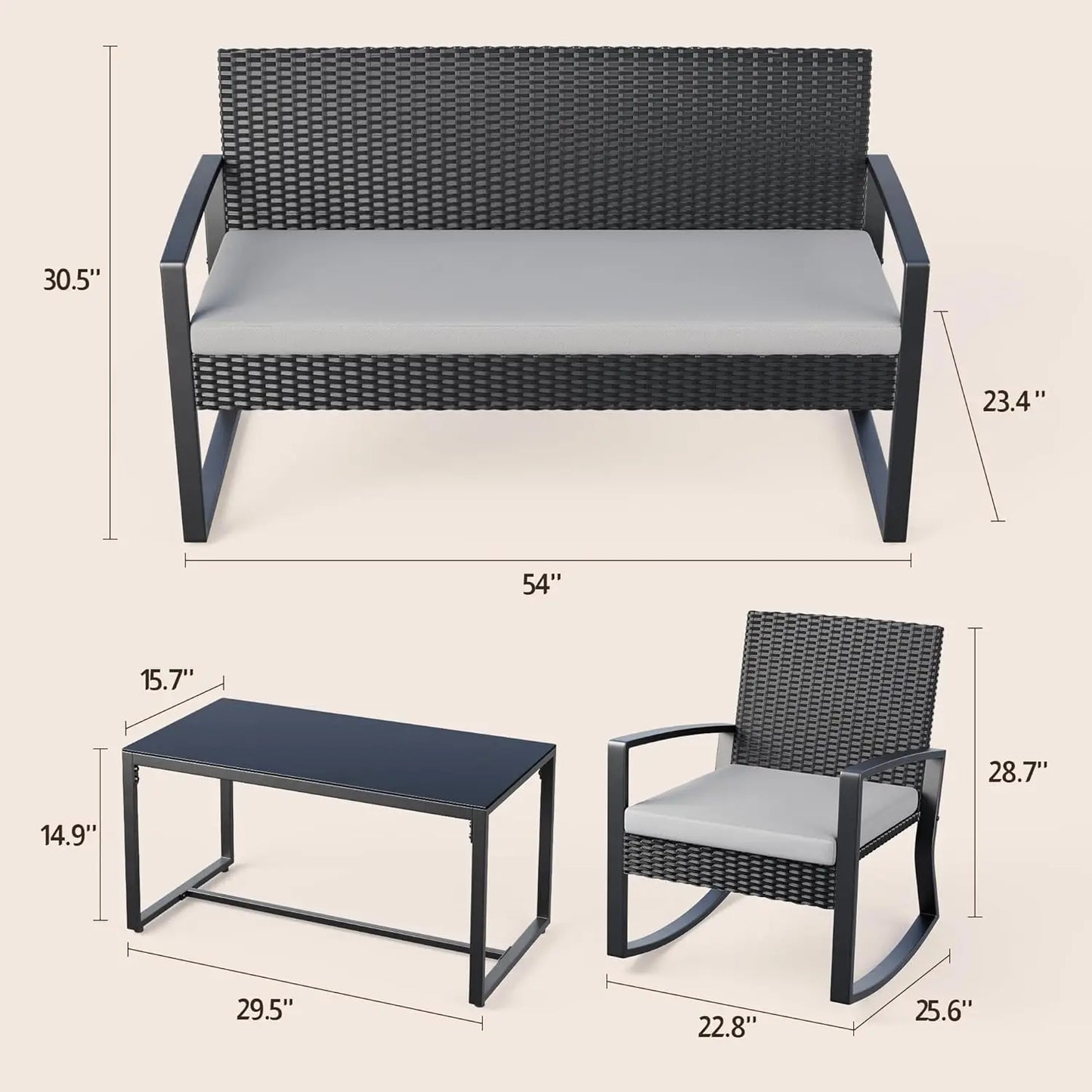 GUANGBAI 4 Piece Patio Furniture Set Wicker With Glass Table