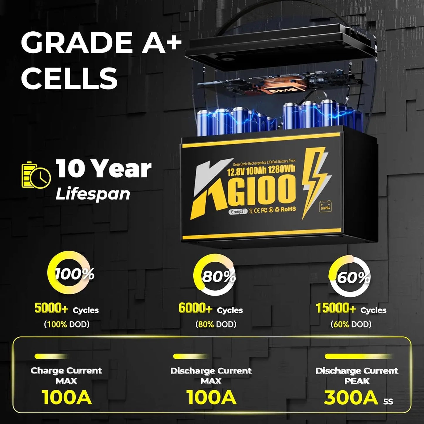 12V 100Ah LiFePO4 Deep Cycle Battery 100A BMS For RV