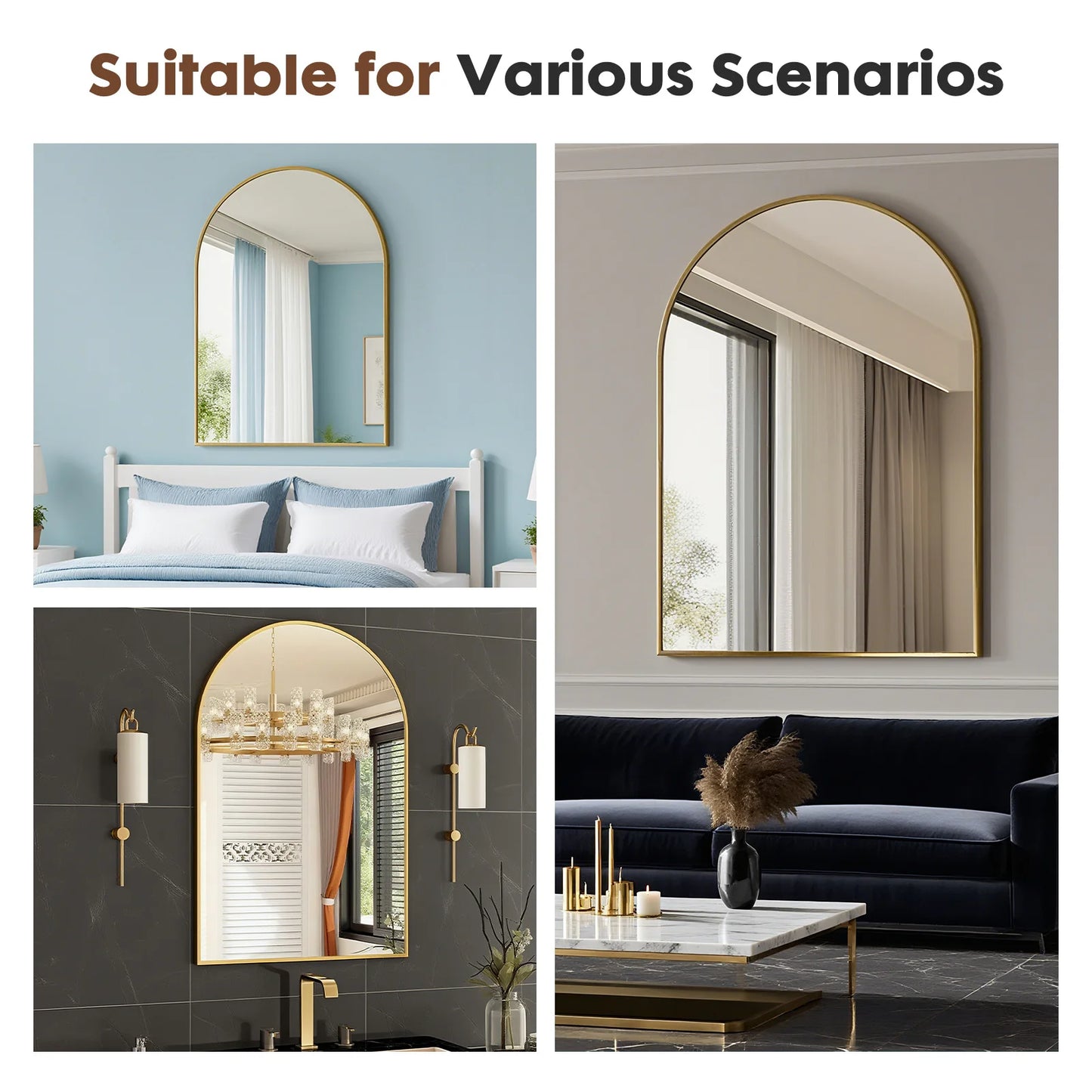 JHK Arched Metal Framed Bathroom Mirrors For Wall Decor