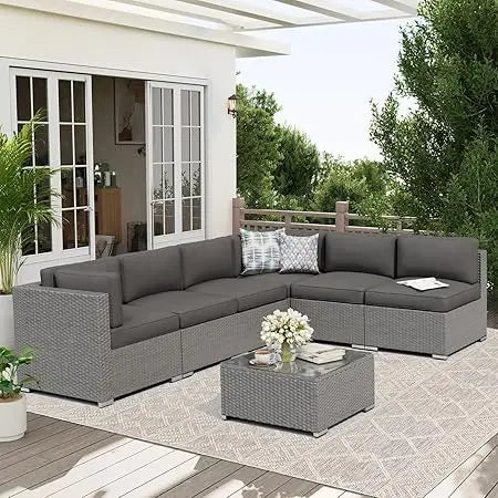 7 Piece Outdoor Patio Furniture Set Rattan Wicker Glass Table
