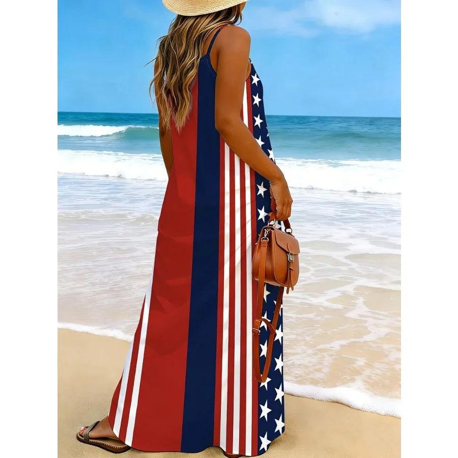 American Flag Print V Neck Sleeveless Maxi Dress For Women