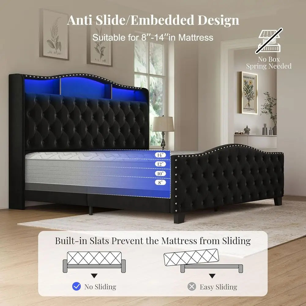 Wingback Velvet Upholstered Bed With LED Lights Storage Charging