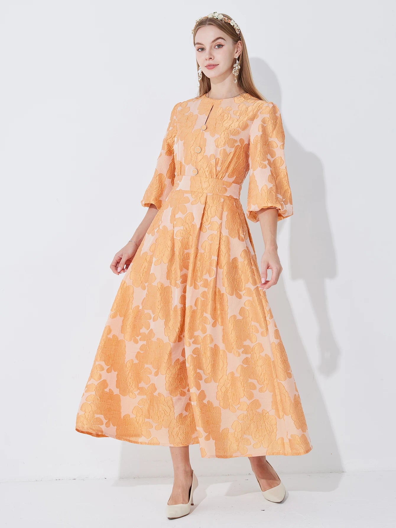DEVCHATACN Elegant Jacquard Dress With Fitted Waist And Side Pockets