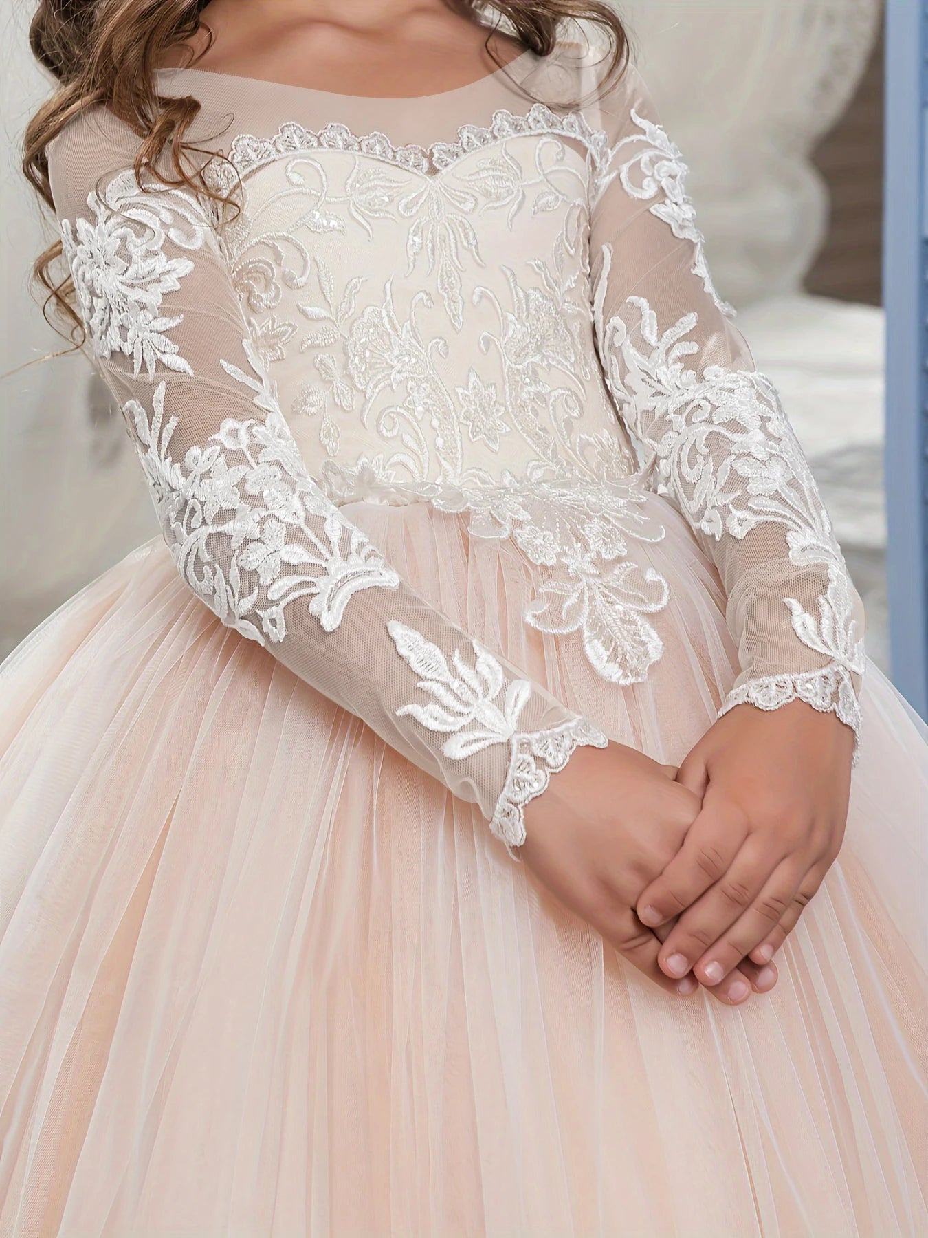 Abaowedding Lace Embroidery Sheer Long Sleeve Kids Gown