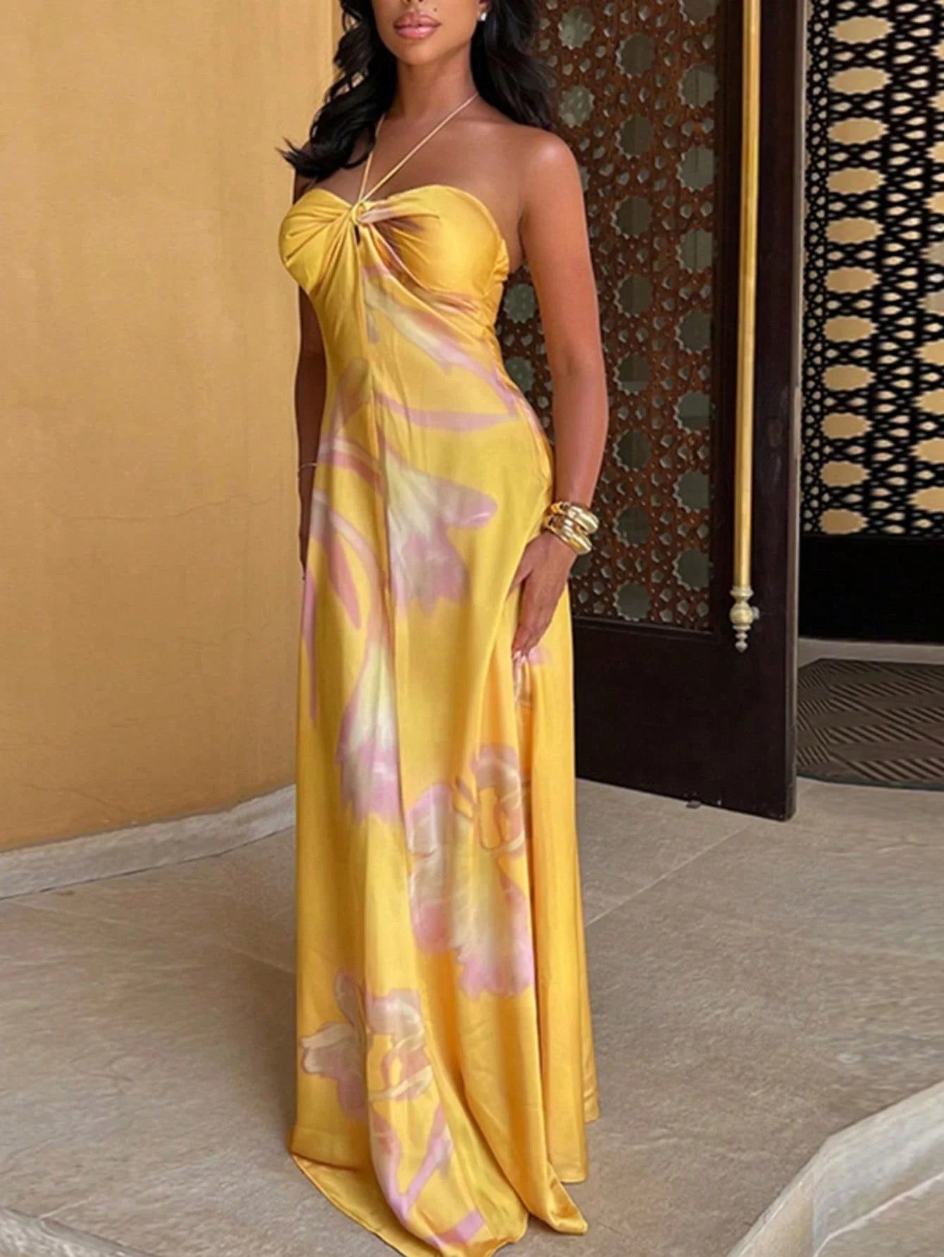 Abstract Print Halter Maxi Dress Satin Gown For Women Beach Wedding Guest