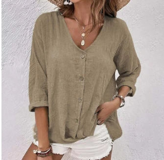 V Neck Long Sleeve T Shirt Button Front Women Topwear