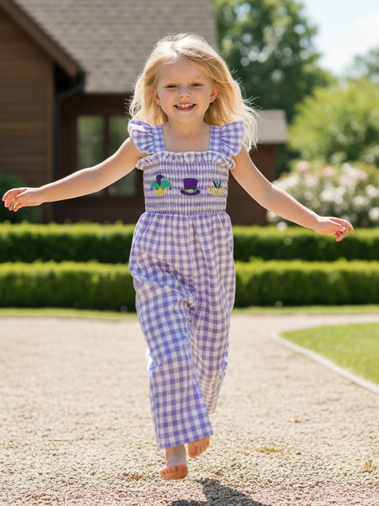Girls Floral Embroidered Plaid Jumpsuit with Ruffle Sleeves