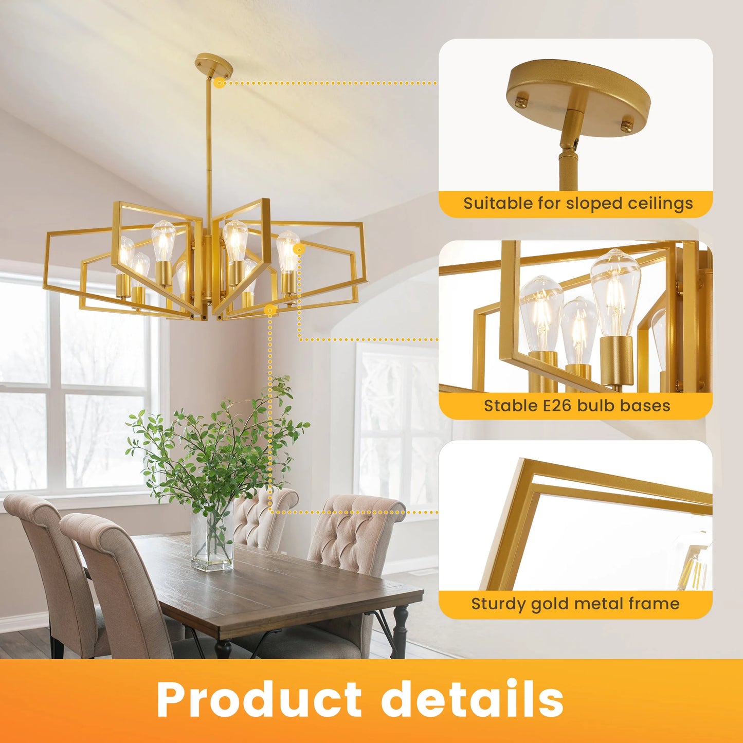 Geometric 8-Light Adjustable Height Chandelier Black Frame And Gold Accents