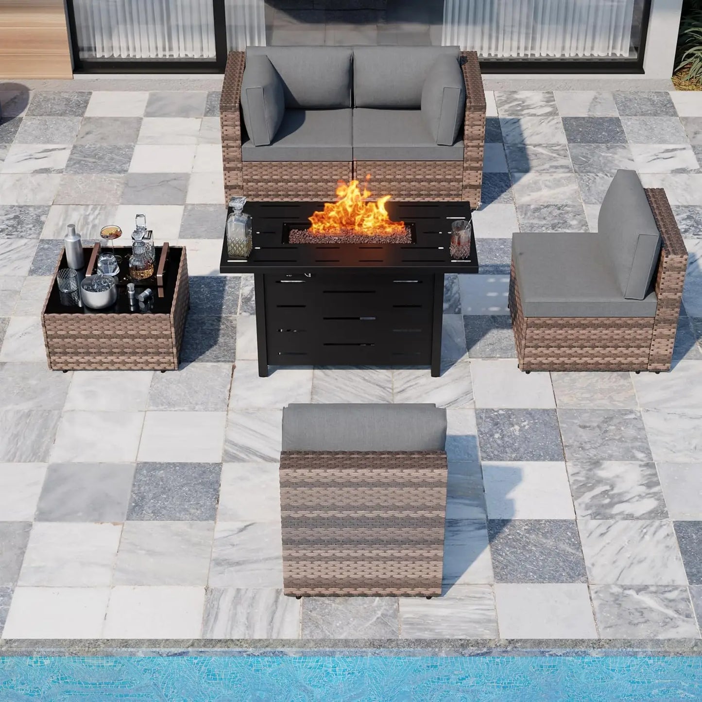 PE Rattan Sofa Set With Fire Pit Table And Cushions