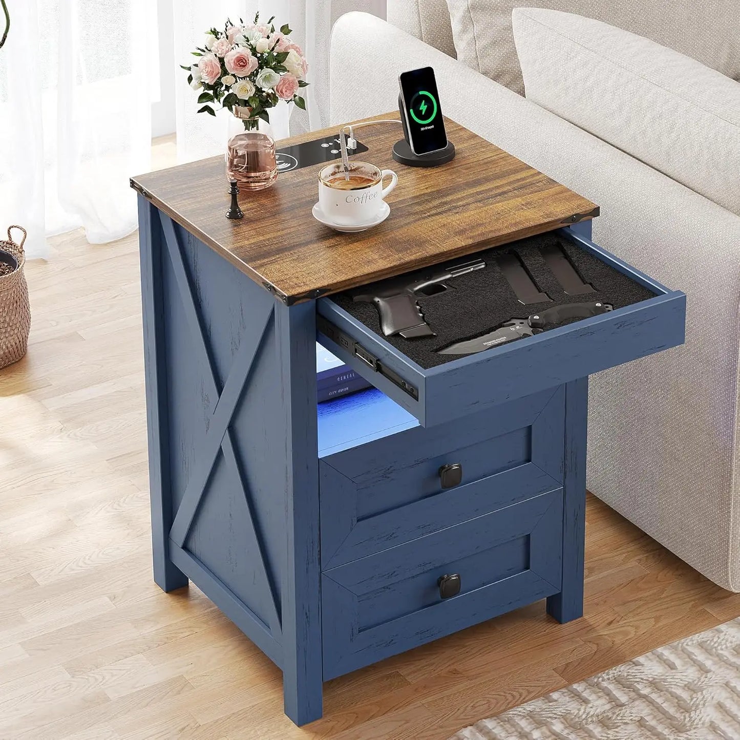 Frame LED Nightstand With Gun Drawer And Charging Station