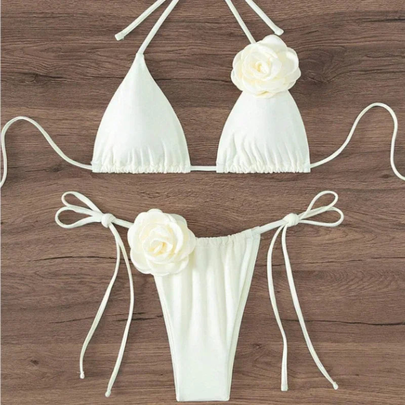 Sexy 3D Flowers Halter Strappy Bikini Set Women Swimwear