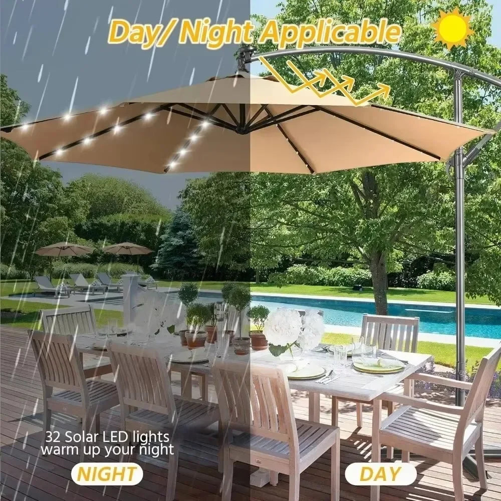 Solar Offset Cantilever Umbrella With LED Lights And Crank Base