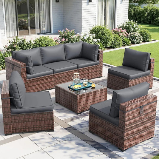 Patio 7-Piece Outdoor Rattan Sofa Set With Glass Coffee Table