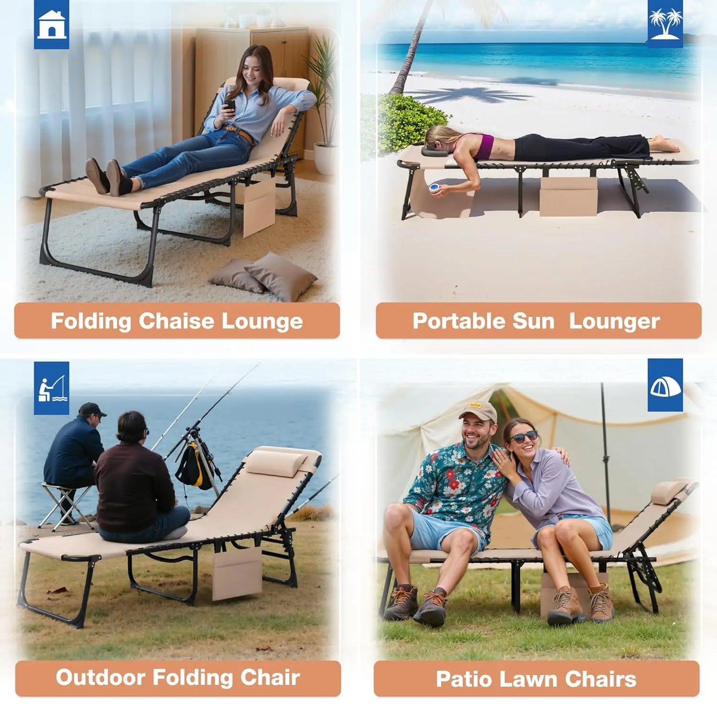 Beach Lounge Chair Outdoor Heavy Duty Folding Sun Tanning Chair