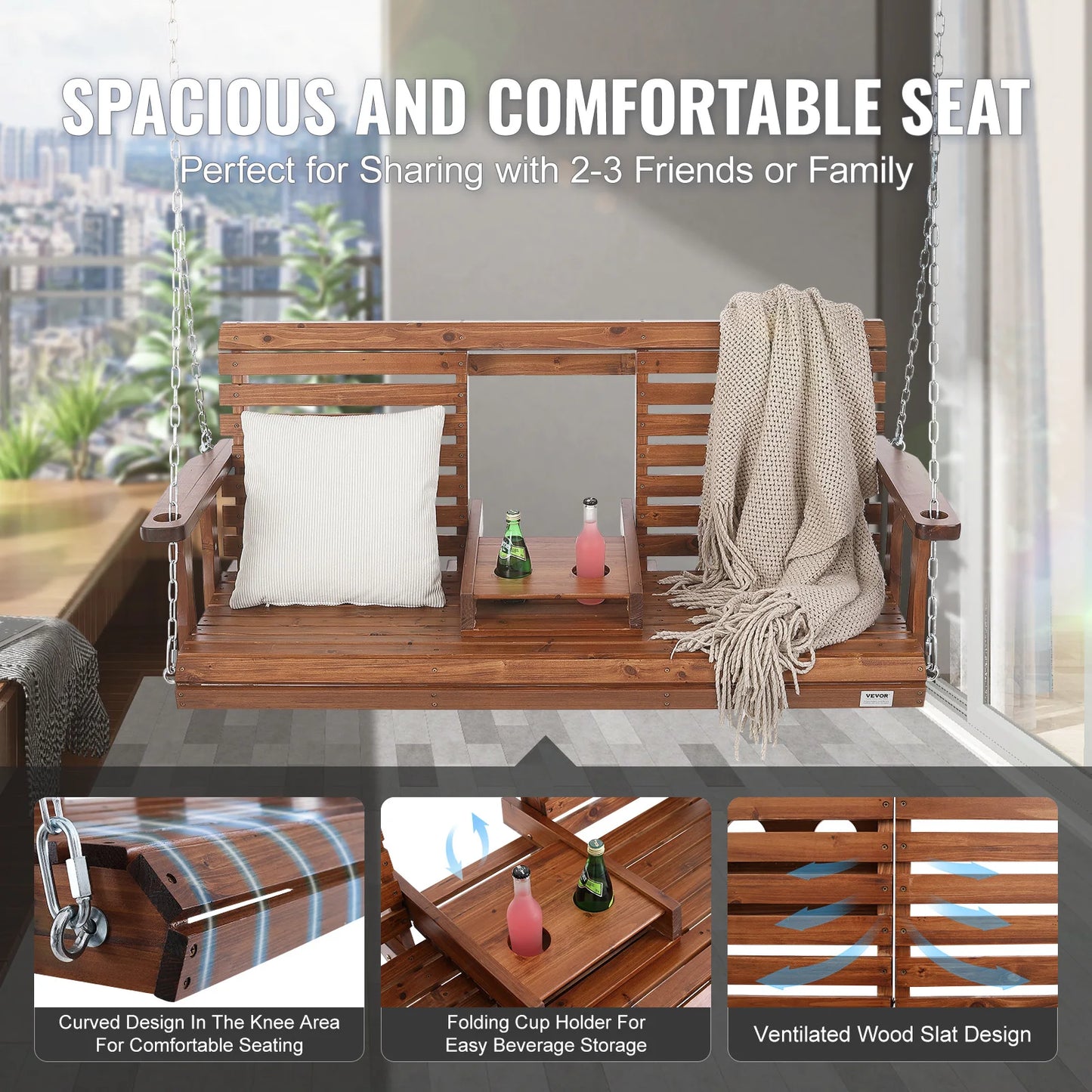 SucceBuy Wooden Porch Swing Patio Bench With 880 Lbs Capacity