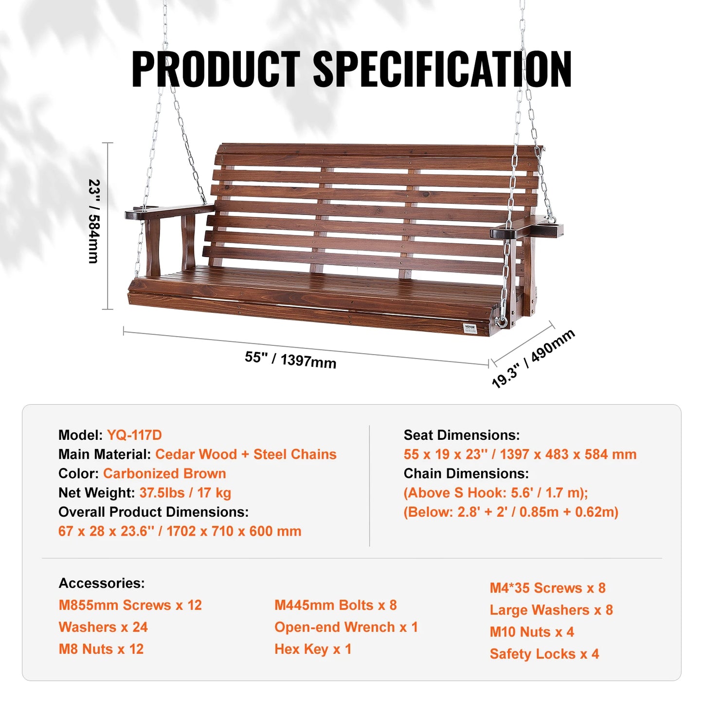 SucceBuy Wooden Porch Swing Patio Bench With 880 Lbs Capacity