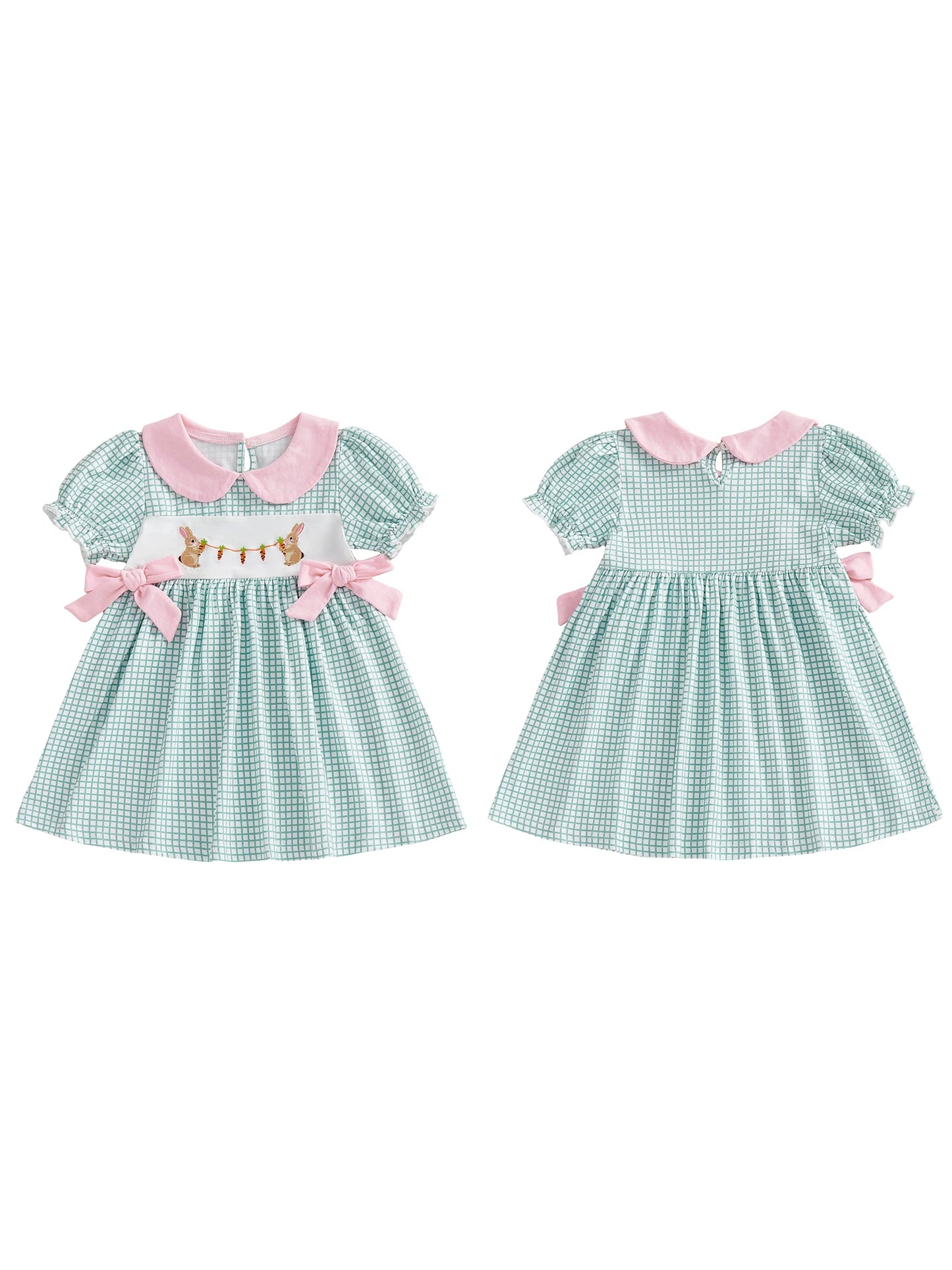 Adorable Baby Girl Easter Dress With Plaid Rabbit Embroidery