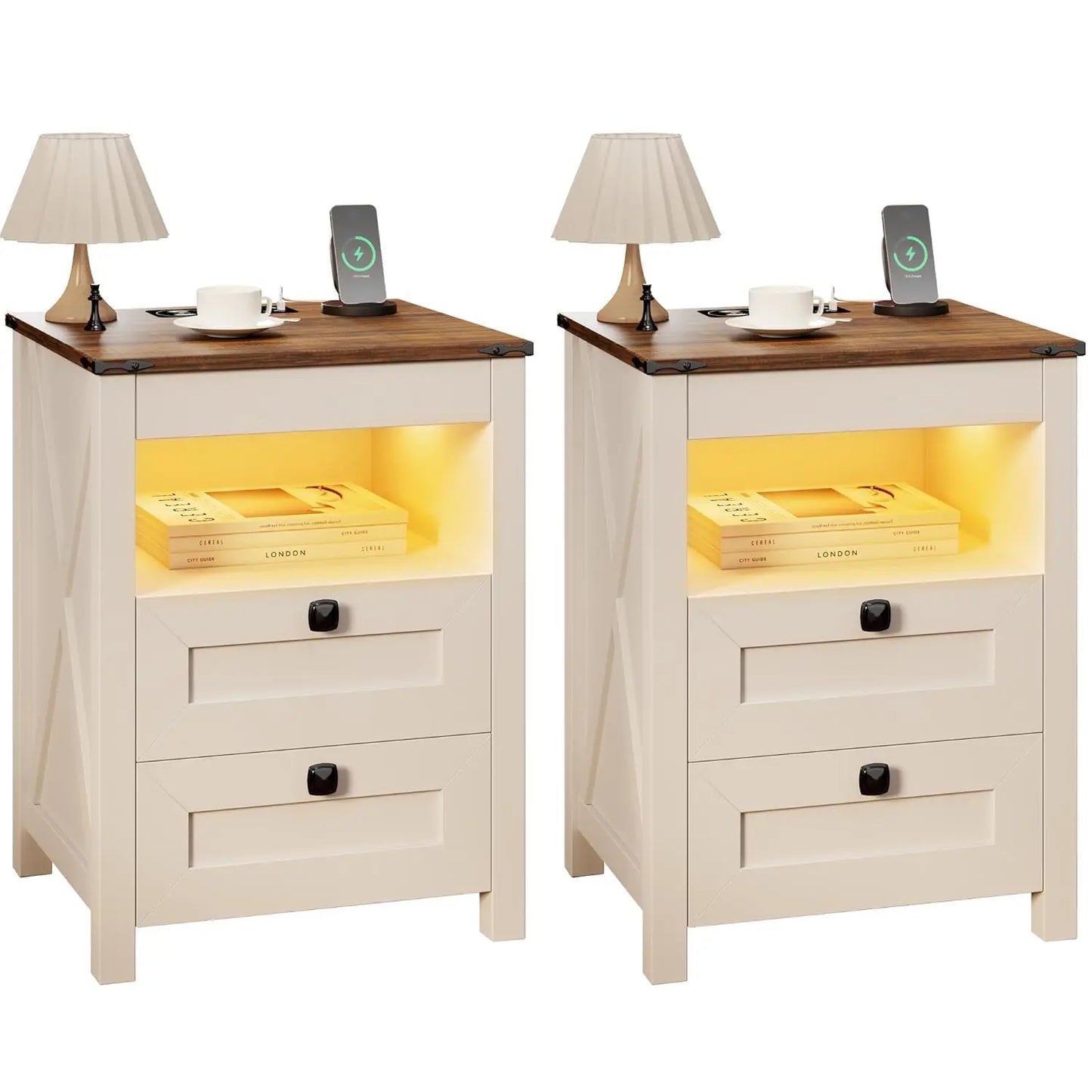 Frame LED Nightstand Set Of 2 Gun Drawer Charging Station