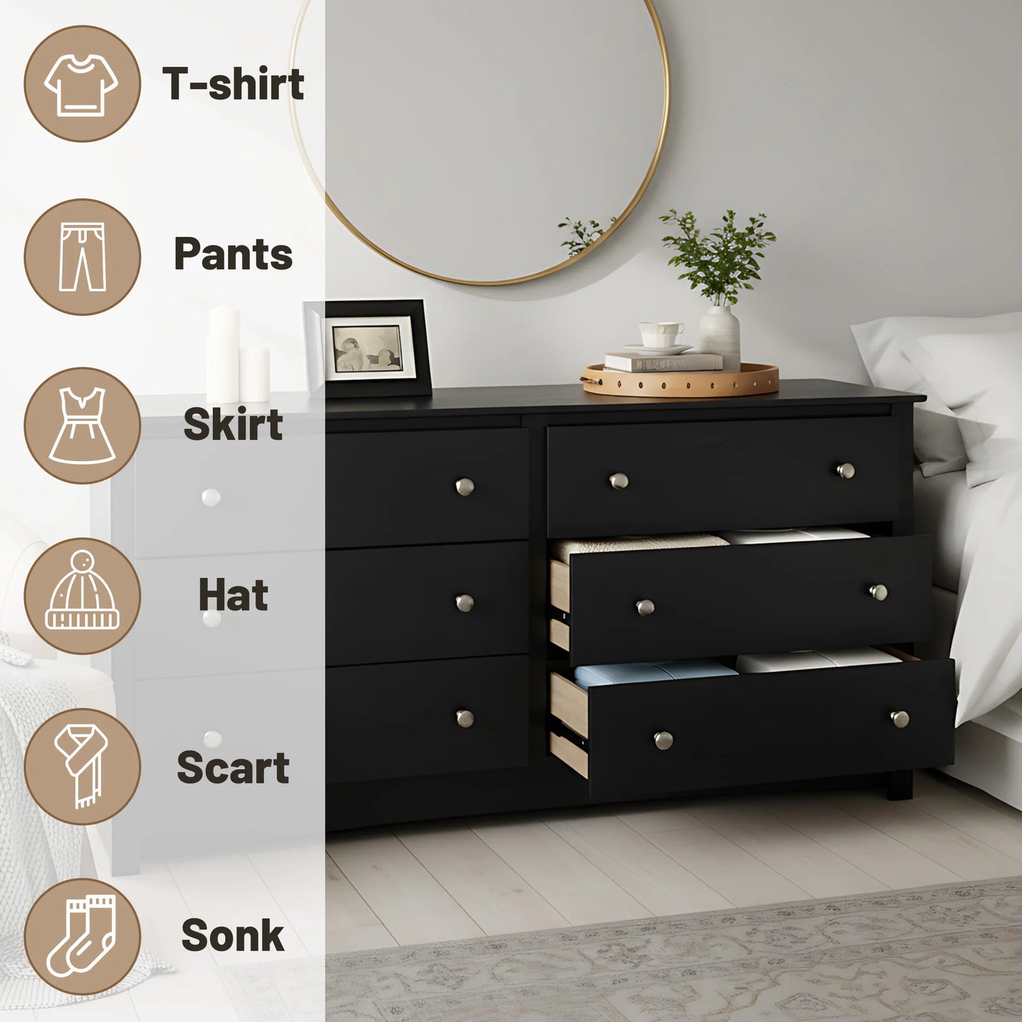 JHK 6 Drawer Wood Dresser Cabinet For Living Room Minimalist Modern