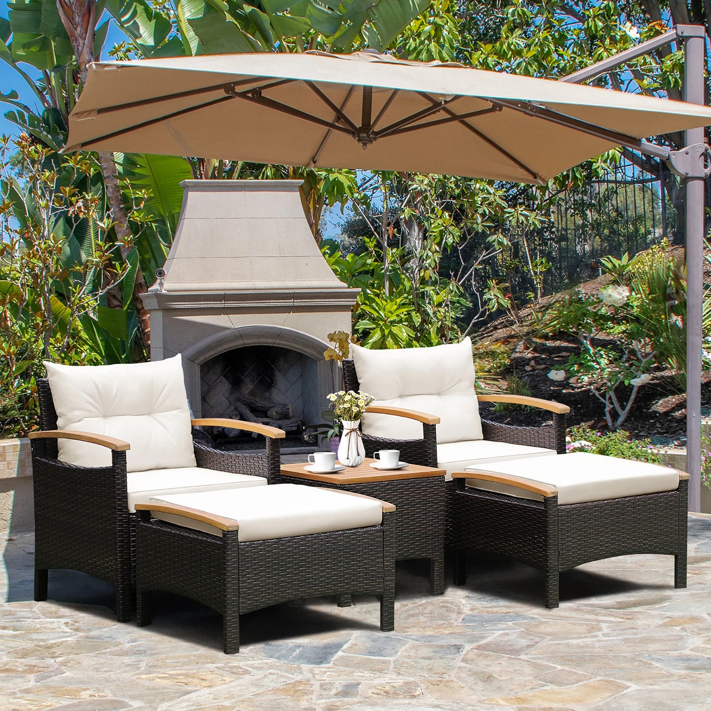 HOMASIS 5-Piece Patio Rattan Furniture Set With Wood Top Table