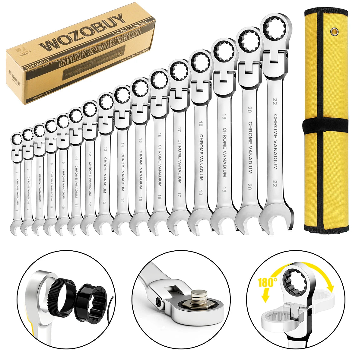WOZOBUY 16Pcs Premium Flex Head Ratcheting Wrench Set Storage