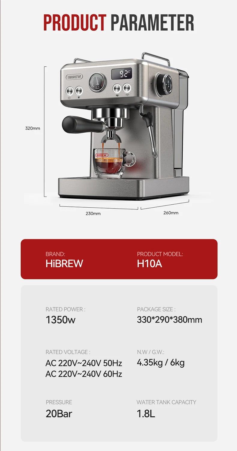 HiBREW 20 Bar Semi Automatic Espresso Temperature Adjustable 58mm Portafilter