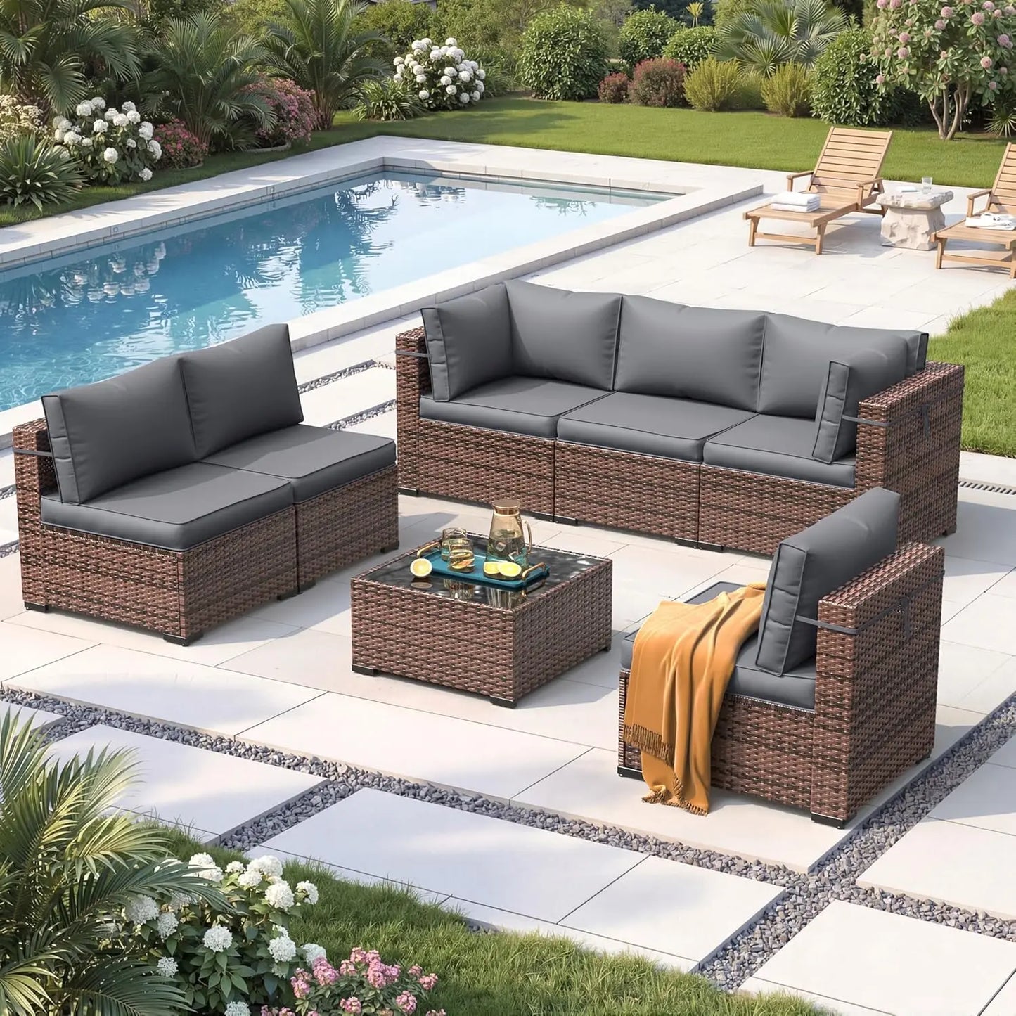 Patio 7-Piece Outdoor Rattan Sofa Set With Glass Coffee Table