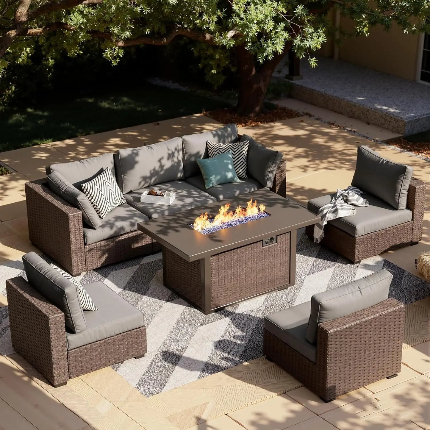 XIAOLANG 7-Piece Outdoor Patio Sectional Sofa Set With Firepit Table