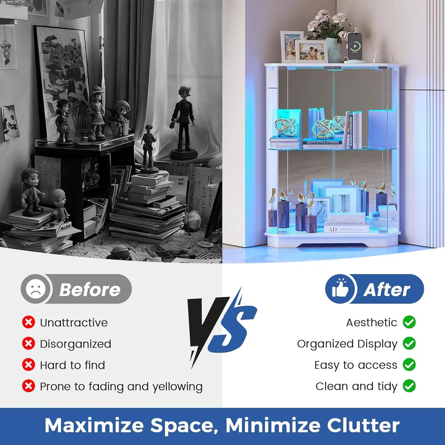 ZHILU Corner Curio Cabinet With Glass Doors LED Charging Station