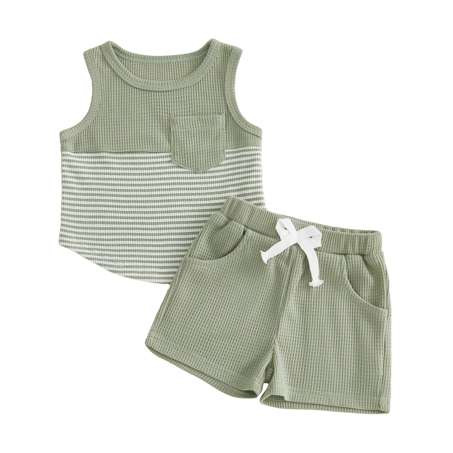 Cute Baby Girls Round Neck Sleeveless Striped Top And Shorts
