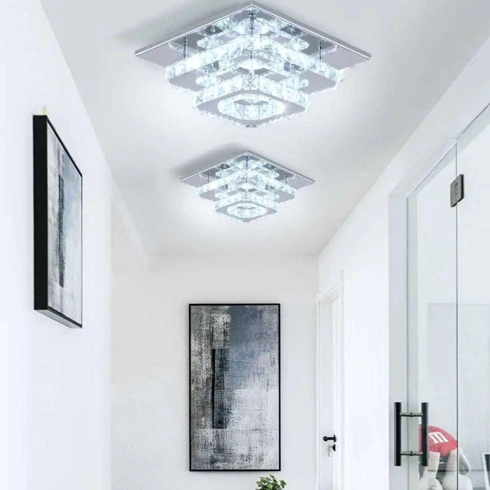 FRIXCHUR Crystal Flush Mount LED Ceiling Light Square K9 Mirror Base