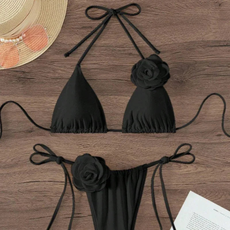 Sexy 3D Flowers Halter Strappy Bikini Set Women Swimwear