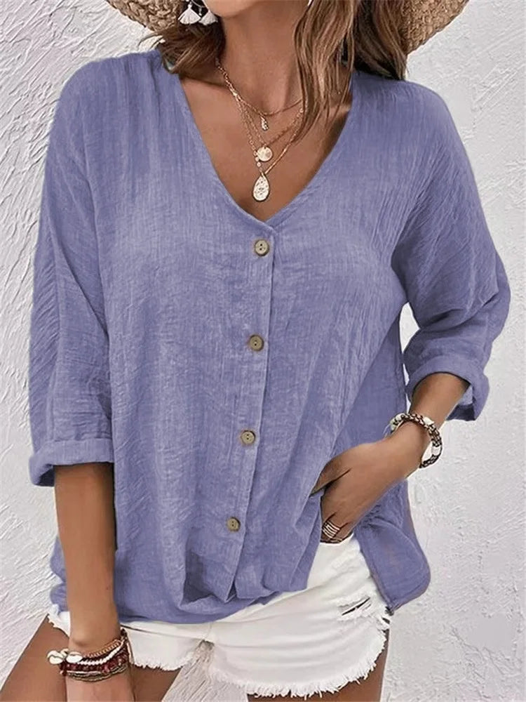 V Neck Long Sleeve T Shirt Button Front Women Topwear