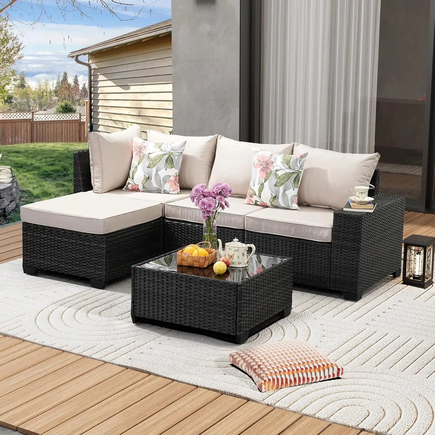 HUANZHUANG 5 Piece OutdoorPatio Furniture Set AllWeather Wicker Sofa