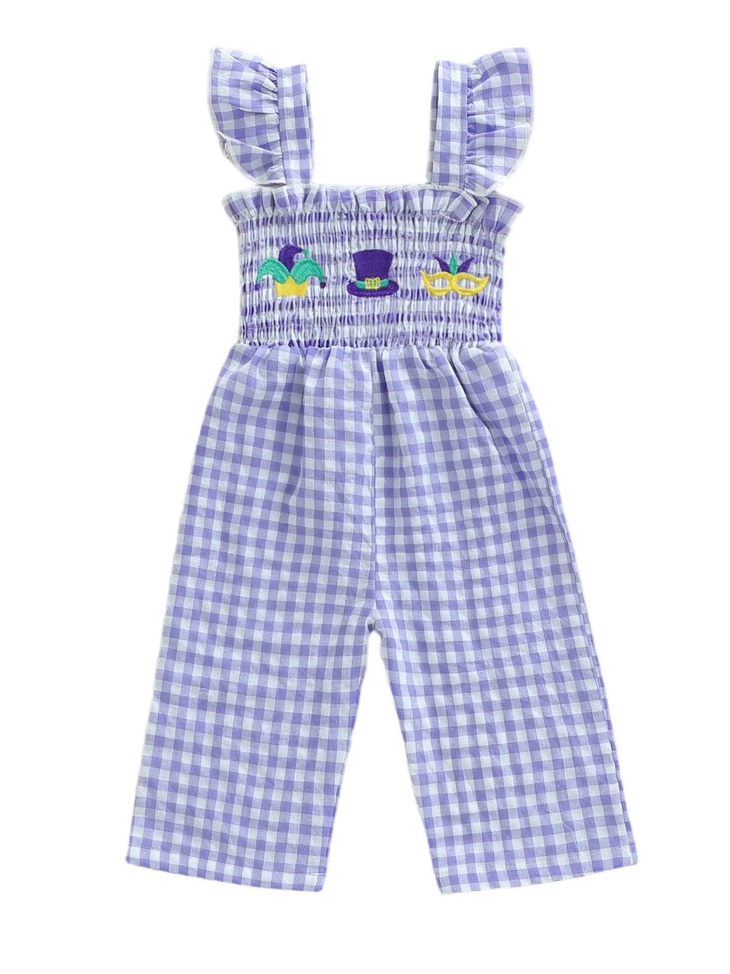 Girls Floral Embroidered Plaid Jumpsuit with Ruffle Sleeves