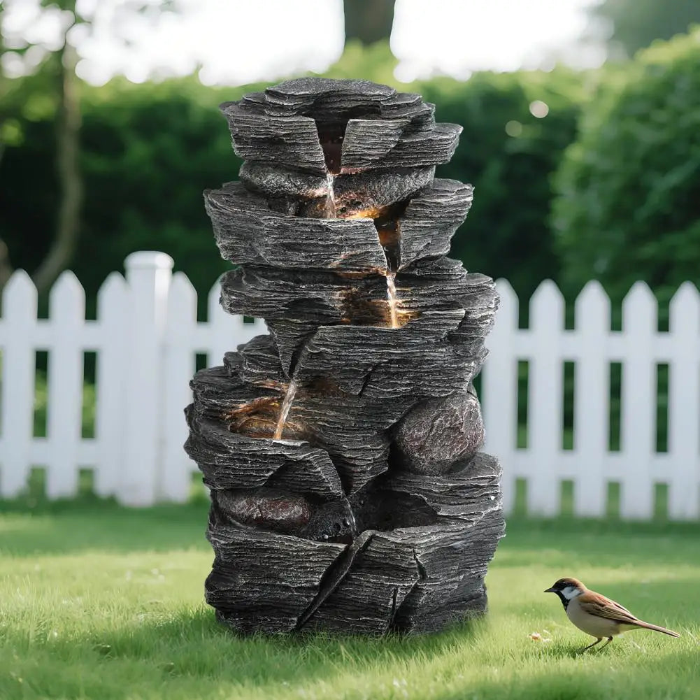 Rock Waterfall Garden Fountain With LED Light For Outdoor Decor