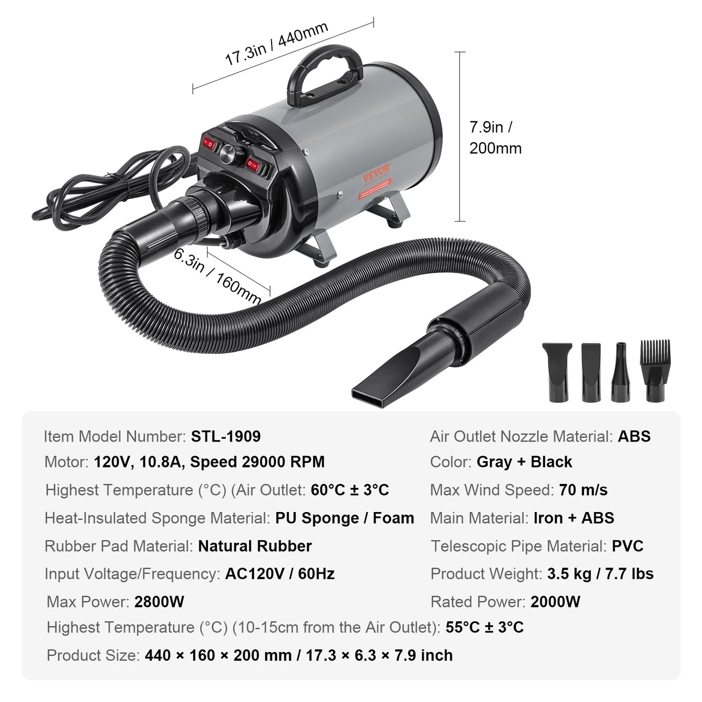 SucceBuy 2800W Dog Blow Dryer With Adjustable Speed And Nozzles