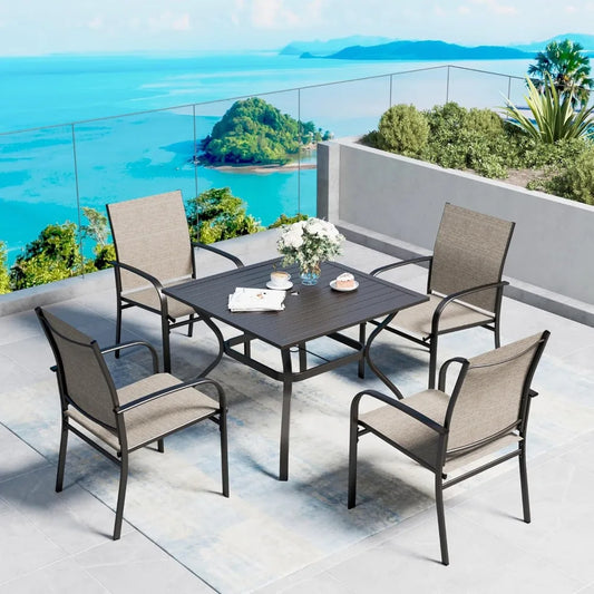 Patio Dining Set For Four 37 Inch Square Table Umbrella Hole Brown Bamboo Chairs