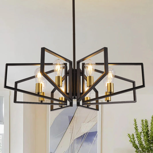 Geometric 8-Light Adjustable Height Chandelier Black Frame And Gold Accents